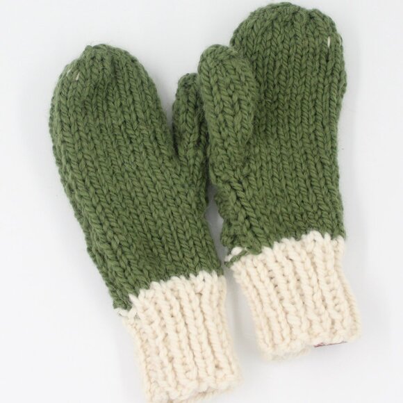 Handmade Hand Knit Chunky Knit Green and Off White Alpaca and Wool Mittens - Picture 3 of 3